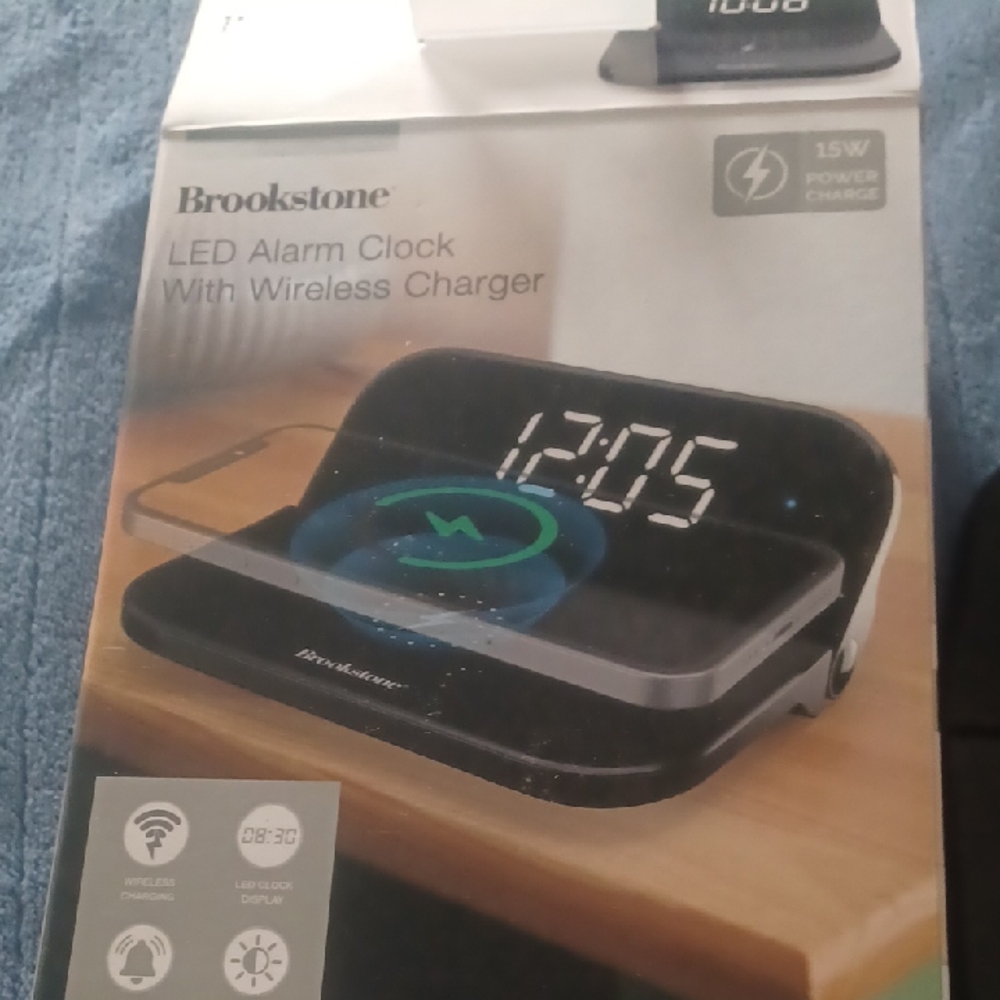 Brookstone Black LED Alarm Clock with Wireless Charger
